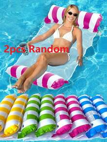 1pc Inflatable Pool Hammock With Mesh - Striped Adult Lounger, Suitable For Vacation, Party And Relaxation, Available In Pink, Yellow, White, Green, Blue And Other Colors, Outdoor Hammock, Essential For Beach And Pool, Great For Photography - Multicolor - View 24