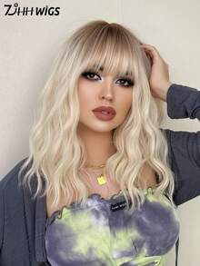 7JHH WIGS 16英寸渐变金色卷发波波头假发，女士齐肩波浪假发，带刘海，棕色发根，合成耐热纤维，美丽蓬松，适合女孩日常、派对、角色扮演、初学者生日礼物（白金色头发） - 漸變金色 - 查看 6