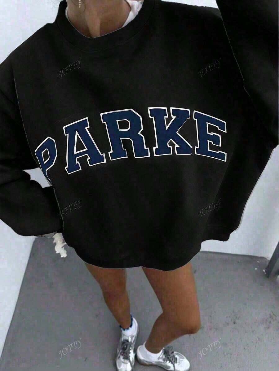 Women's Casual "PARKE" Letter Print Loose Pullover Sweatshirt, Encountering Lazy Fashion. 2026 New Y2Y Style Casual Women's Sweatshirt - Versatile For Sports, Leisure, And Everyday Wear New Years Outfit WomenWomen'S Sweatshirt - Black With Colorful Lettering, Soft Crewneck Pullover For Everyday & Special Occasions, Fall/Spr - 黑色 - 查看 1