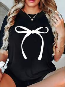 Camiseta Negra con Diseño de Lazo Elegante para Mujer Estilo Urbano  2023 Ideal para Outfits Casuales y Juveniles Confort de Algodón 100% Perfecta para Regalo o Uso Diario - Negro - Ver 1