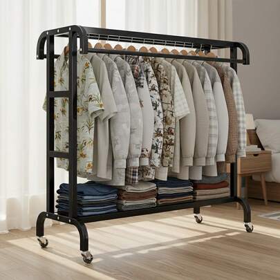 SAEIV Clothes Rack, Wardrobe Rack With Wheels, Heavy-Duty Clothes Rail On Wheels, 2 Clothes Rails And 2 Shelves, For Bedroom, Hallway, Sturdy Metal, Black