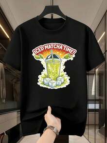 Maglietta grafica "Iced Matcha Time" autunnale, in tessuto di alta qualità, collo rotondo, vestibilità comoda, casual - nero - Visualizzare 2
