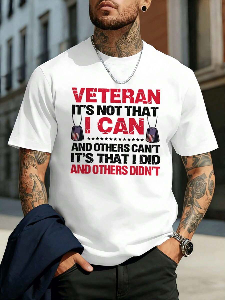 Veteran Graphic Print Casual T-Shirt, Quality Fabric, Crew Neck, Relaxed Fit, Casual - Branco - Ver 1