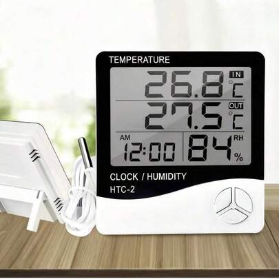 LCD数字温湿度计HTC-2，室内外温湿度计气象站带时钟
