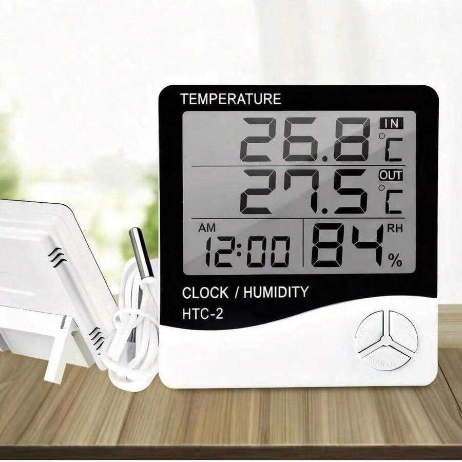 Nhiệt kế và ẩm kế kỹ thuật số LCD HTC-2, thiết bị đo nhiệt độ và độ ẩm trong nhà/ngoài trời, trạm thời tiết có đồng hồ.