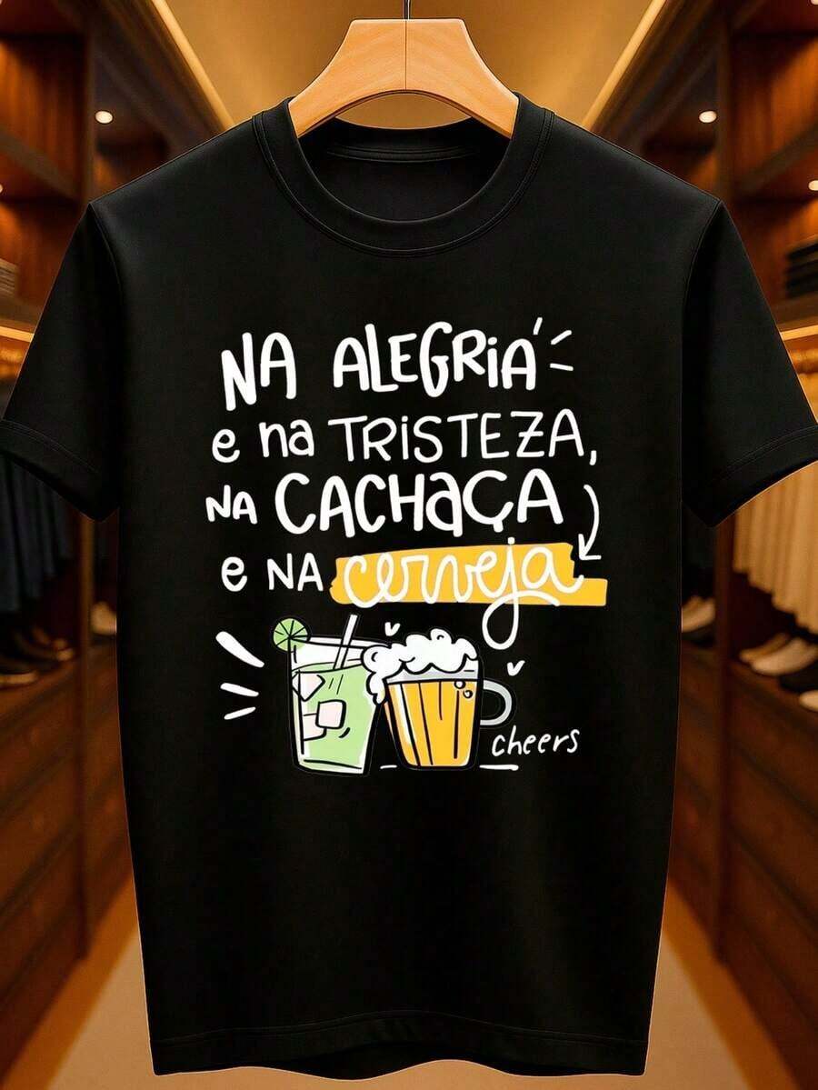 Funny Carnival T-Shirt - "Drinking Cachaça And Beer" Meme - Basic Alcohol Drink - Unisex - 100% Premium Cotton – Men's And Women's | Casual, Streetwear, Plus Size, New Arrival With Immediate Shipping In Various Colors - 黑色 - 查看 1