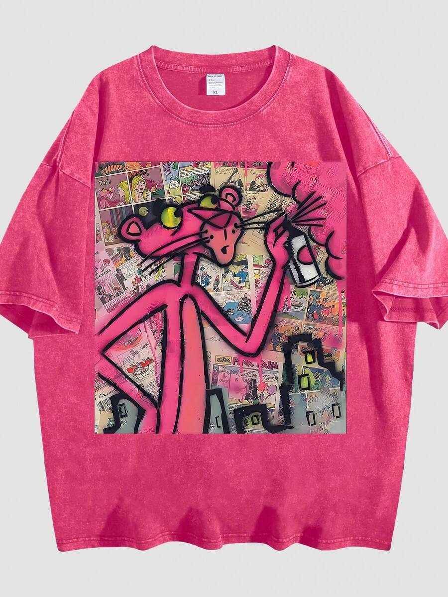 Washed T-Shirt Men Women Unisex Retro "Neon Pink Leopard Artist" Pop Art Oversized Short Sleeve Tee - Hồng đỏ 1 - Xem 1