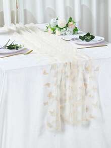 1 pieza Camino de mesa de mariposa beige, cubierta de mesa de malla de mariposa de doble cara, decoración para fiesta de cumpleaños, decoración para boda y baby shower, decoración para gabinete, centro de mesa de comedor, decoración para banquete y recepción de restaurante - Beis - Ver 10