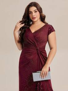 EVERPRETTY V领亮片褶皱胸衣晚礼服，藏蓝色，正式派对礼服，秋冬款 - 酒紅色 - 查看 7