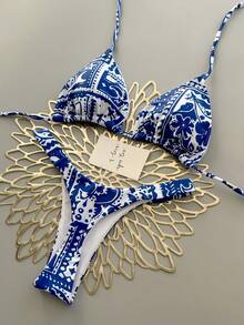 3 piezas Conjunto de bikini bohemio sexy con estampado de flores tropicales para vacaciones en la playa en primavera y verano - Azul - Ver 1