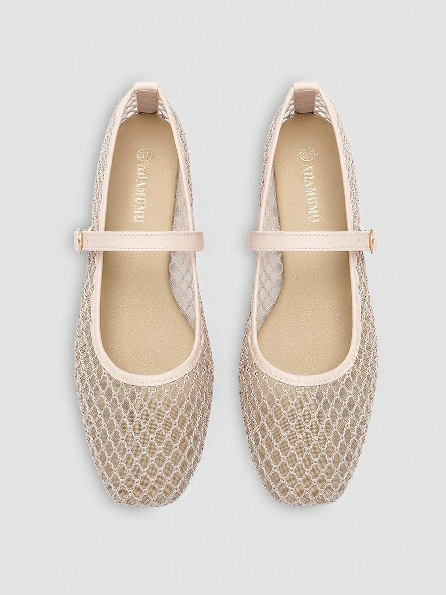 ADAMUMU Women's Black Mesh Breathable Fashion Ballet Mary Jane Flats, Minimalist Elegant Style, One-Strap Metal Buckle, Mesh Woven Breathable Texture, Comfortable Flat, Women's Casual Commute Minimalist Style Shoes - Apricot - View 1