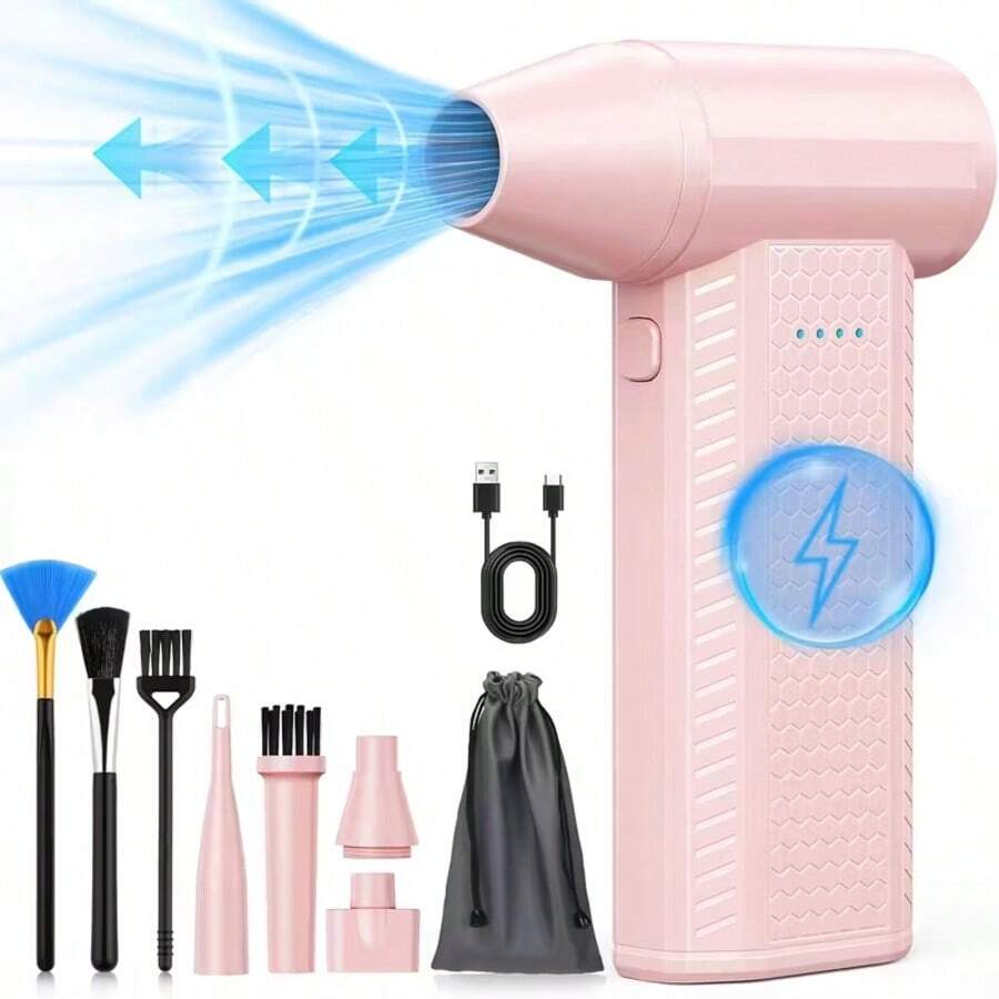 FOURQ Electric Compressed Air Duster, 130000RPM High-Speed Jet Fan Blower, Cordless Keyboard & PC Cleaner, Portable Mini Car Dryer & Snow Blower, Reusable Air Duster - Unique Gift For Men - 粉色 - 查看 1