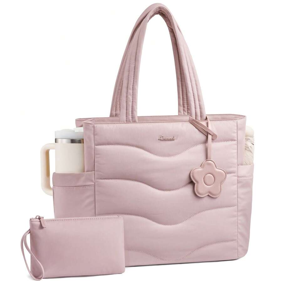 LOVEVOOK Tote Bag For Women,Puffer Work Bag,Quilted Teacher Nurse Tote Bag With Zipper For Travel Gifts For Women - 粉色 - 查看 1