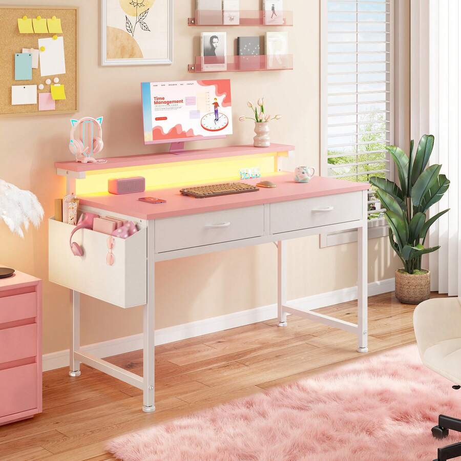 EnHomee 31.5"D Pink Computer Desk With LED Strip Lights & Ergonomic Monitor Stand 2 Fabric Drawers & Side Pocket Home Office Desk For Girl - 查看 1