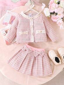2pcs Young Girl' Cute Faux Pocket Decor Button Long Sleeve Jacket & Bowknot Skirt Outfit, Autumn/Winter, Lightweight - Pink - View 1