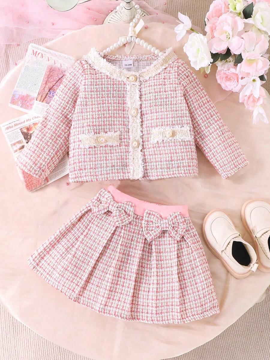 2pcs Young Girl' Cute Faux Pocket Decor Button Long Sleeve Jacket & Bowknot Skirt Outfit, Autumn/Winter, Lightweight - Pink - View 1