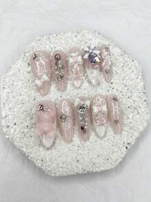 10 Pieces Sweet Cute Girly Snowflake Glitter Diamonds Handmade Press On Nails 3D Teddy Bear Bow Fake Nails Removable Reusable Fake Nails Nail Supplies(1 Sheets Jelly Stickers+1PC Nail File) ﻿ - Pink - View 10