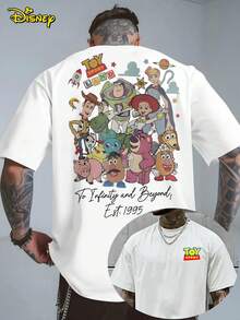 Disney Authorized, Fresh Holiday Style! "Toy Story" Printed White T-Shirt, Fashionable Men's Summer Short-Sleeved T-Shirt, Round Neck Short-Sleeved Shirt, Casual Loose Knitted T-Shirt. - 白色 - 查看 1