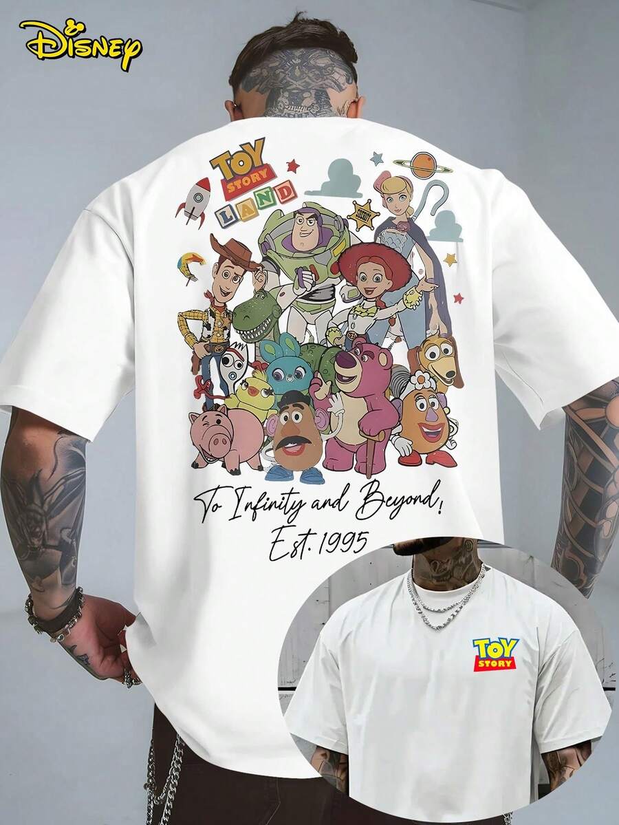 Disney Authorized, Fresh Holiday Style! "Toy Story" Printed White T-Shirt, Fashionable Men's Summer Short-Sleeved T-Shirt, Round Neck Short-Sleeved Shirt, Casual Loose Knitted T-Shirt. - 白色 - 查看 1