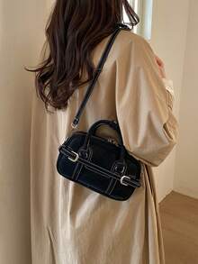 复古奢华小众设计保龄球包，新款时尚高端百搭简约通勤单肩斜挎包 - 黑色 - 查看 5