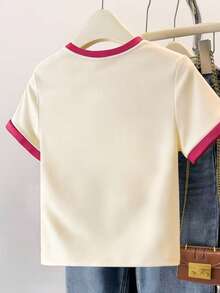 Women's Casual Contrast Color Side Stripe T-Shirt, College Style Daily Wear Short Sleeve, Summer Patchwork Minimalist Letter & Number Print Slim Fit Round Neck Top - Apricot - View 2