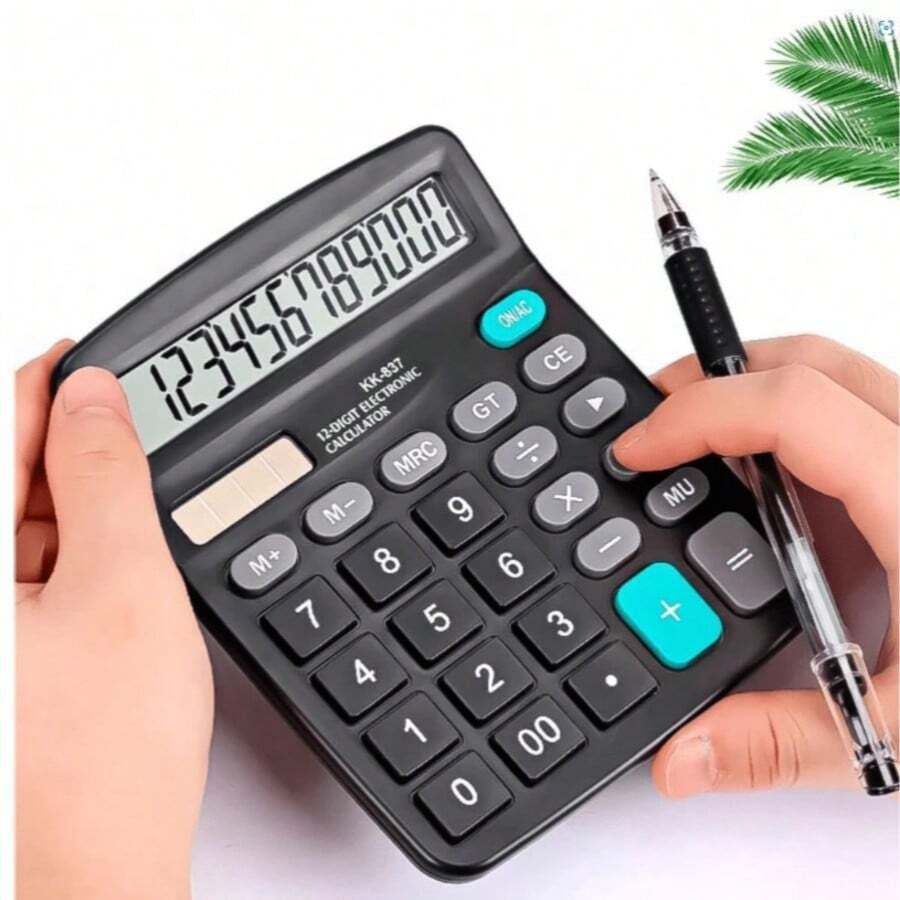 12-Digit Commercial Calculator With Large Screen (Dual Power Solar Or Battery) - Black - View 1