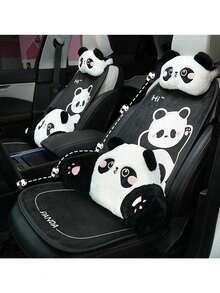 1pc Universal Car Seat Cushion, Plush Warm Panda Design Soft Comfortable Car Seat Protector With Neck Pillow, Suitable For Most Vehicles,Car Accessories - Black - View 2