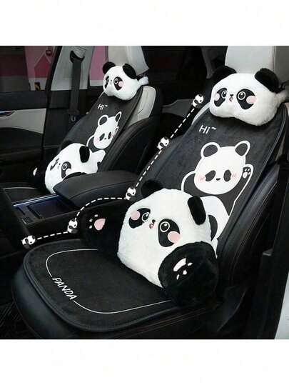 1 件通用汽车座椅垫，毛绒温暖熊猫设计柔软舒适汽车座椅保护垫带颈枕，适用于大多数车辆