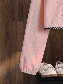 Left Mama Girls Elegant Minimalist Bow Decor Long Sleeve Top And Skirt Set, Spring/Autumn - Pink - View 5