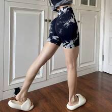 1件装女士无缝扎染提臀高腰运动短裤，粉色瑜伽短裤，弹力吸湿排汗，黑色夏季款 - 黑色 - 查看 5