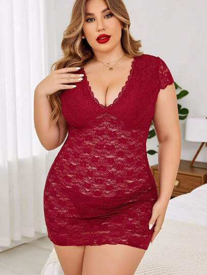 Plus Size Women Floral Lace Sexy Lingerie Jumpsuit Mesh Sleepwear