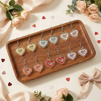 1 par de pendientes de moda clásicos para mujer, diseño de colgante de corazón transparente estilo coreano dulce de resina, para uso diario y regalo del Día de San Valentín para expresar amor
