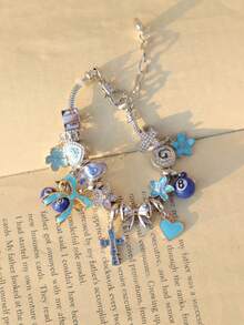 1pc Blue Lucky 8 Ball Charm Bracelet, 1pc Cute Cherry 8 Ball Bracelet, 1pc Adorable Bow & Heart Bracelet, 1pc Cherry Blossom Heart Bracelet - Silver - View 6