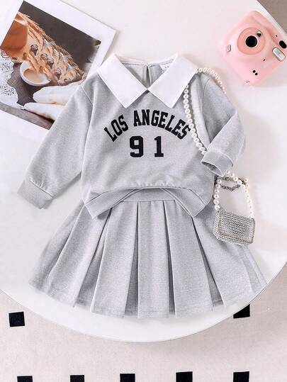 2pcs Young Girl Casual School Style Letter Print Collar Sweatshirt And Pleated Skirt Set, Spring And Autumn