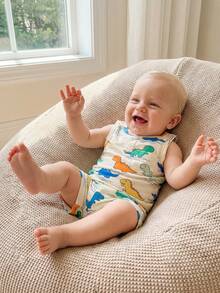 Toddler Baby Boy Summer Clothes Beach Outfit Palm Tree Dinosaur Duck Print Sleeveless Shirt Tank Top Elastic Waist Shorts Set - Màu vàng - Xem 9