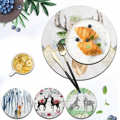 Round Pu Anti Slip Insulation Pad Reusable Dining Room Placemat Coffee Placemats Individual Desk Placemats Placemat Table Kitchen Mat For Family Gatherings And Parties Table Decor And Accessories Deer Pattern