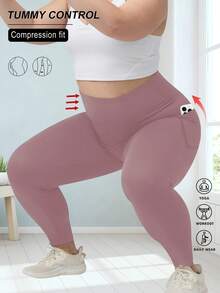 大码女式高腰口袋紧身裤，不透明收腹运动裤，高腰七分紧身裤，带口袋，适合跑步，粉色春季款 - 粉色 - 查看 5