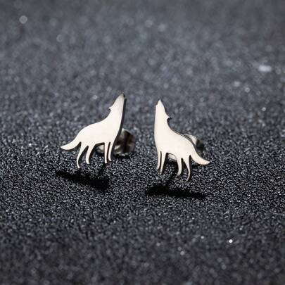 1Pair Punk Gothic Stainless Steel Wolf Earrings For Women Men Minimalist Animal Ear Studs Small Animal Gift