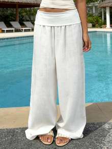 Y2K Women's Bohemian Linen Wide Waist And Wide Leg Fold-Out Pants, Solid Color Low Waist Relaxed Palazzo Pants, Comfortable Summer Beach Pants, Suitable For Everyday Leisure - 白色 - 查看 4