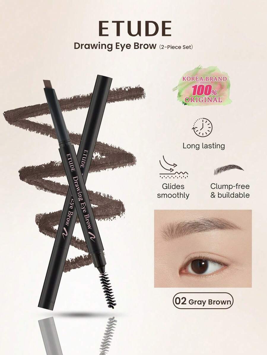 Chì kẻ chân mày ETUDE HOUSE Natural Daily Look #2 màu nâu xám, 0.25g/0.01oz*2, chất liệu mềm mại, lâu trôi, dễ tán, không phai màu, đầu cọ mảnh, nhẹ, không lem, độ lên màu cao, phù hợp cho người mới bắt đầu và phụ nữ sử dụng hàng ngày, mỹ phẩm Hàn Quốc, quà tặng.