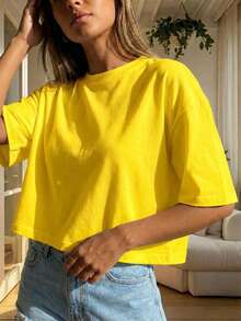 Blusa de mujer de corte holgado, cuello redondo, manga corta, casual, adecuada para primavera y verano, con estilo minimalista, elegante y sexy Y2K, apta para uso diario, oficina, hogar y exteriores, color negro - Amarillo - Ver 3