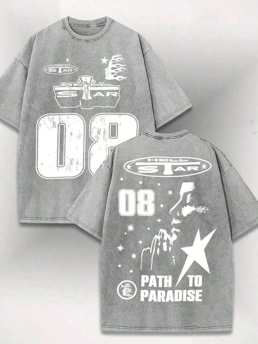 2026 Summer Tops T-Shirt, Distressed Washed Pure Cotton Round-Neck Short-Sleeved Shirt, Featuring The Number "08" And Star-Letter Pattern On Both Sides Of The Print, With A Casual Street Style, Suitable For Summer Clothing. Loose And Comfortableshirt - 灰色 - 查看 1