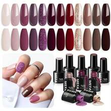 MEFA Fall Gel Nail Polish Set, 12 Colors Burgundy Red Nail Polish Set Champagne Gold Glitter Nail Polish Gel Soak Off Dark Red Purple Shimmer Nude Brown Manicure Gifts For Women Girl DIY Salon Home - Màu A - Xem 1
