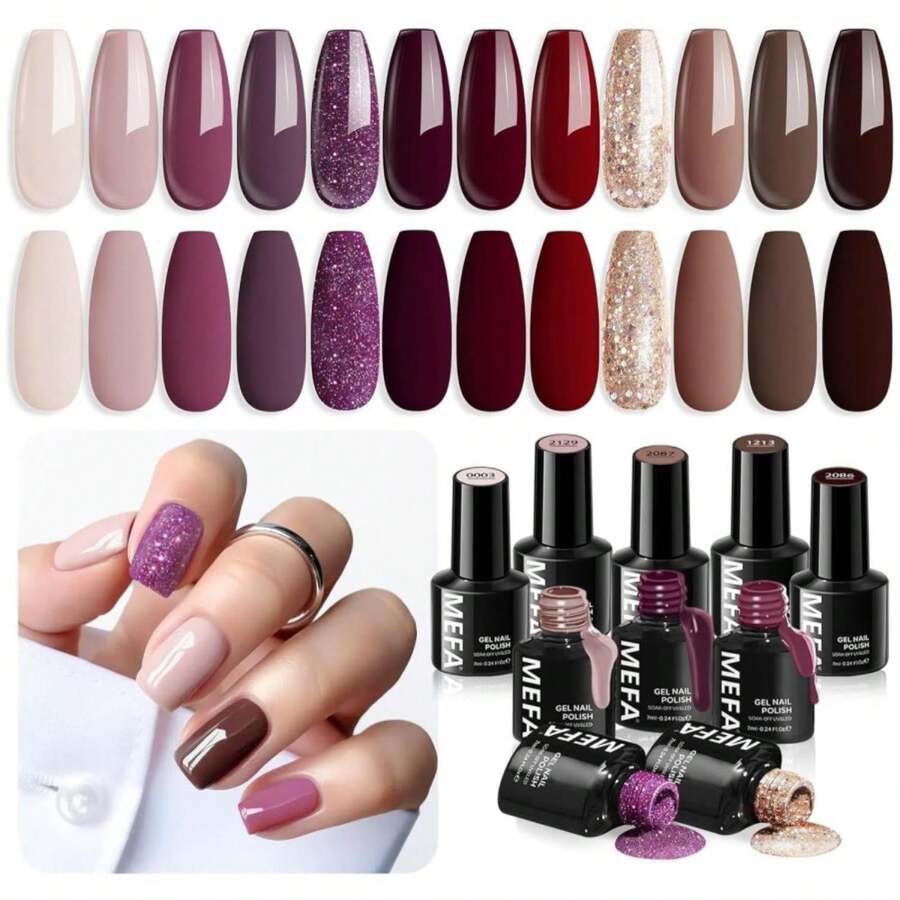 MEFA Fall Gel Nail Polish Set, 12 Colors Burgundy Red Nail Polish Set Champagne Gold Glitter Nail Polish Gel Soak Off Dark Red Purple Shimmer Nude Brown Manicure Gifts For Women Girl DIY Salon Home - Màu A - Xem 1