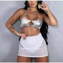 Saia Tule Feminina com Calcinha Hot Pant Transparente Cintura Alta Festa Carnaval Tendencia Gringa Verão 2025 - Branco - Visão 2
