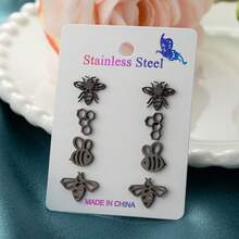 4 Pairs /Sets , Stainless Steel Bee-Shaped Pattern Earrings, Cute And Simple Animal Designs, Suitable As Gifts For Daily Wear - ZH010 - View 12