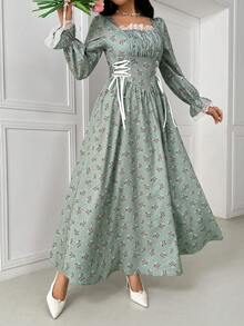 Elegant Apricot A-Line Cinched Waist Flare Sleeve Dress Maxi Satin Women Outfit Fall Cloth For Women, Spring /Summer - Multicolor - View 8