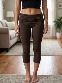 Women Y2k Summer Slim Fit Capri Pants Stylish Elastic Midi Waist 3/4 Length Pants Fashionable Solid Color Fold Over Cropped Pants For Casual Daily Streetwear - 深棕 - 查看 2