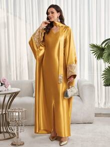 女士V领提花休闲宽松连衣裙配围巾，奢华女士阿巴雅长袍，奢华卡夫坦长袍和贾拉比亚长袍，婚礼派对礼服，夏季度假装，适合春季派对和郊游 - 金色 - 查看 5