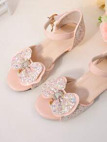 1 Pair Girls' Pink Dreamy Diamond Bow Sandals, Open Toe Low Heel, Comfortable Sparkly, Princess Style, Summer Party Shoes - Pink - View 9